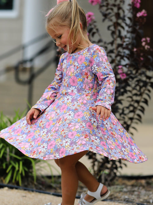 Fall Vintage Floral Print Girls Long Sleeve Twirl Dress